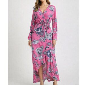 Women’s Floral Wrap Maxi Dress Size Medium Pink Long Sleeve Tie Waist Resort NWT